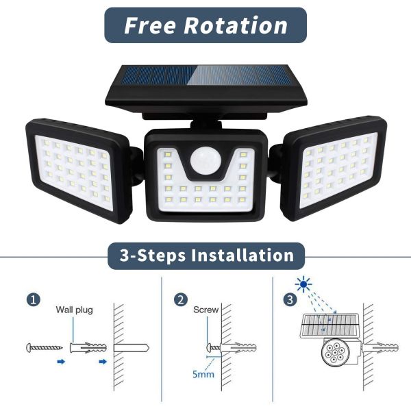 72LED IP65 3 Head Solar Security Light With Motion Sensor 360 Degree