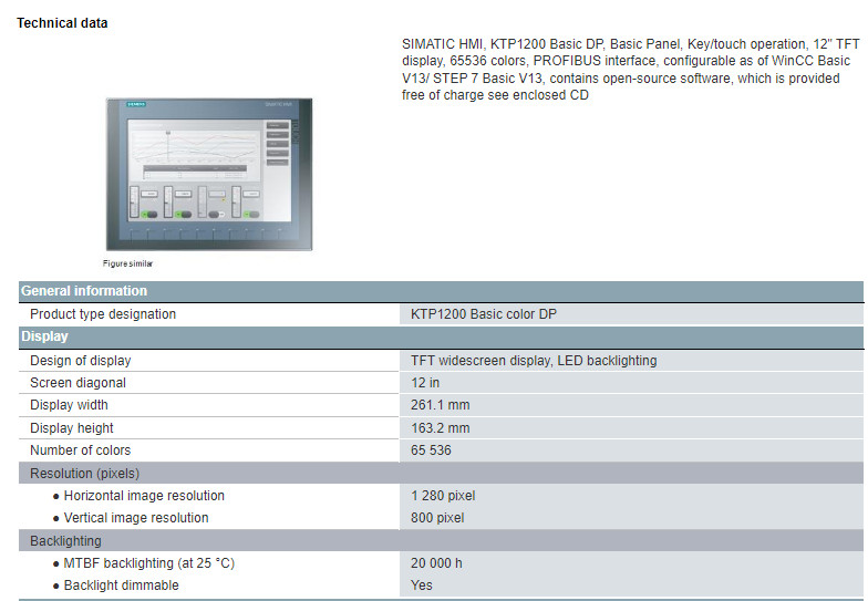 6AV2123-2MA03-0AX0 Siemens SIMATIC HMI KTP1200 Basic DP Basic Panel 12" TFT Display