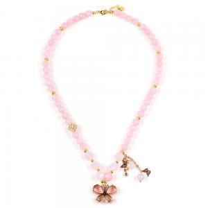 China Butterfly Charm Rose Quartz Stone Crystal Sweater Necklace Emotional Healing on sale
