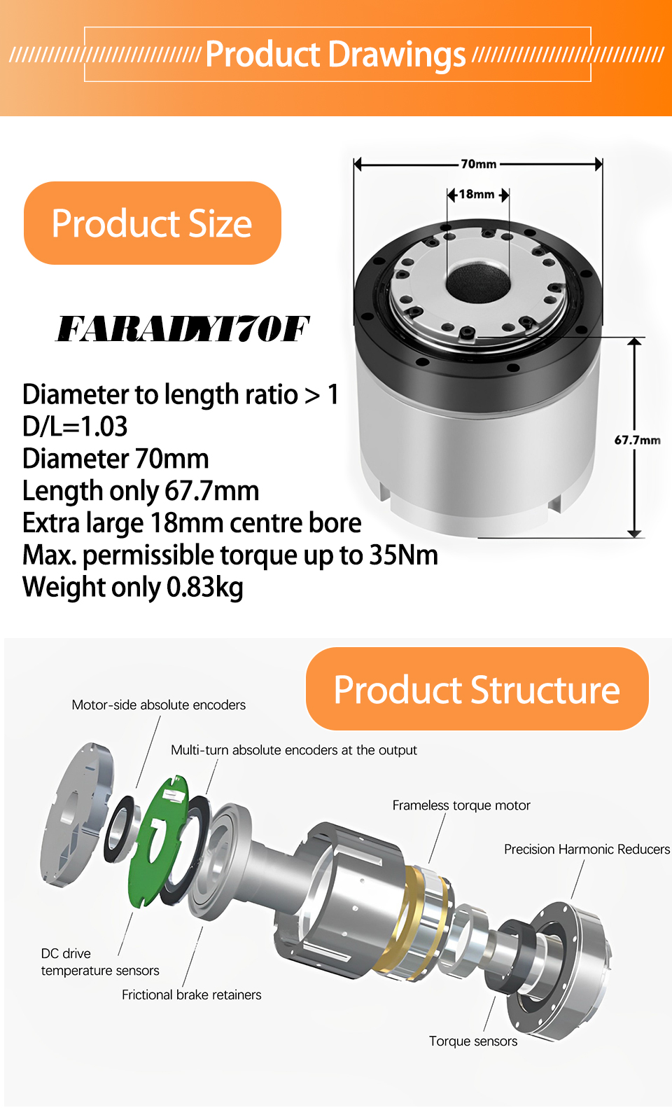 Faradyi Hot Selling Faradyi70F Low Speed High Torque With Driver and Multi-Turn Encoder Brushless Dc Motor For Robotic Arm