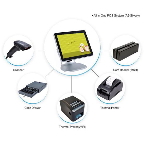 Silver Color Single Screen Retail Epos Systems High Sensitivity LCD / LED Diaplay