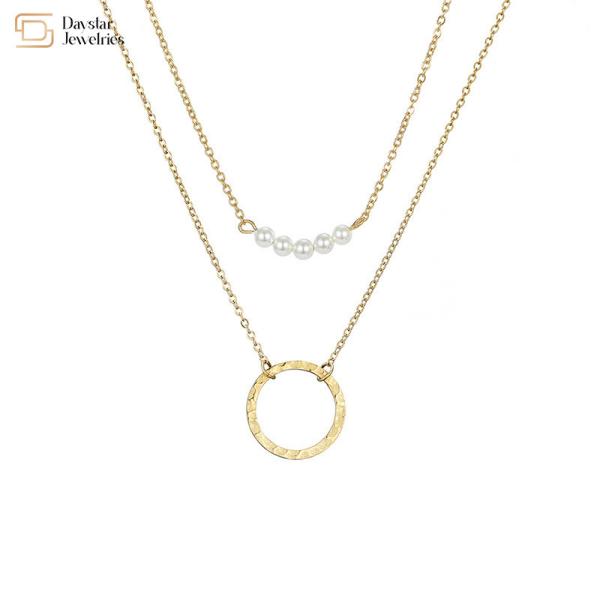 Quality Stainless Steel Simple Layered Necklace Circle Pearl Pendant Clavicle Chain Choker for sale