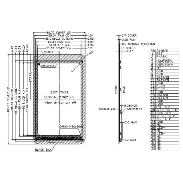 3.97 Inch TFT LCD Touchscreen Display, 700cd/M2 480x800 33 Pins With CTP