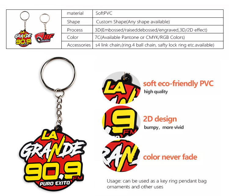 Custom Logo Embossed Debossed Rubber Soft PVC 3D 2D Print Key Chains
