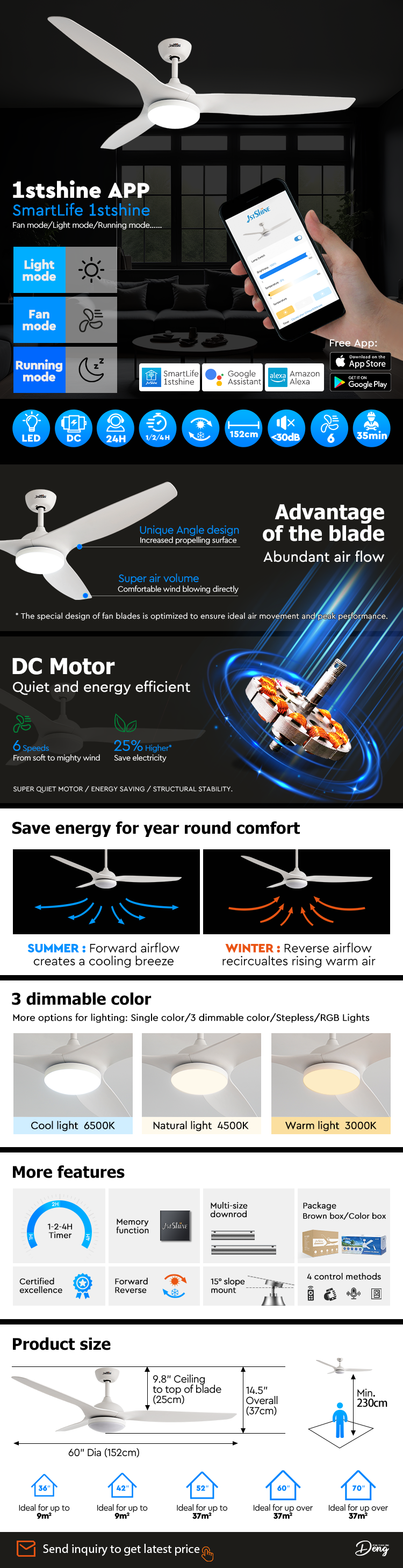 ceiling fan 52 Inches Smart App Control Wifi Ceiling Fan With Light And Remote Control For Bedroom