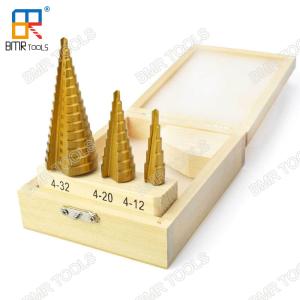 China Hot Sells HSS 4241 Ti-Coating Straight Step Drill Bit Set-3pcs set packed with wooden box-4-12mm/4-20mm/4-32mm on sale