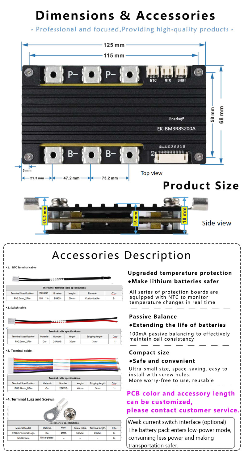 Enerkey Battery Management System Assembly Design 8s BMS 24V 200 AMP for All Lithium Battery Pack