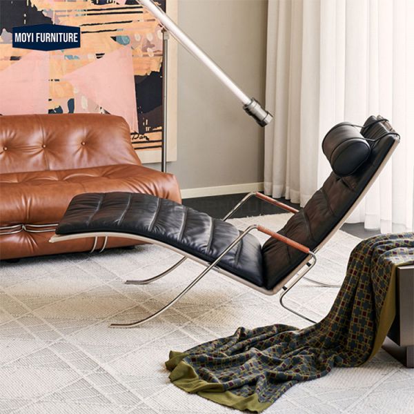 Villa Genuine Leather Italian Style Accent Chair with Leather Armrest Metal Frame High Back Support Black Leisure Chair