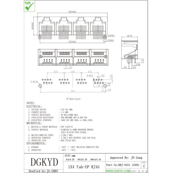 Yellow plastic housing 1X4 Multi Port RJ45 connectors ethernet female socket