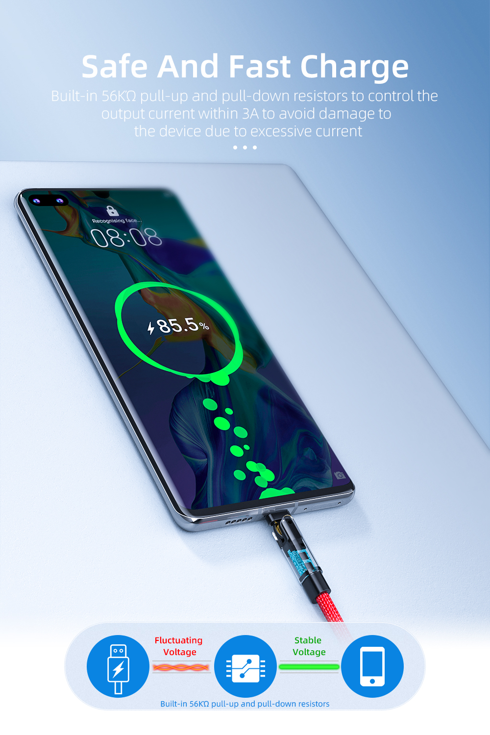 Universal 180 Rotation Type C Charging Cable 3A Quick Charge 480Mbps/s Data Transfer Type C Cable