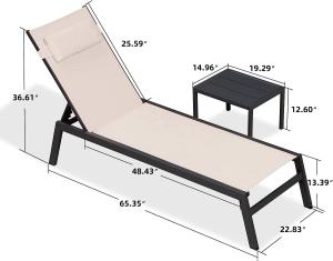 Outdoor Lounge Chair Set Aluminum Patio Chaise Lounger Side Table and Pillow Outside Pool Beach Sunbathing Tann