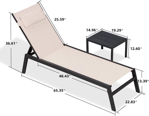 Quality Outdoor Lounge Chair Set Aluminum Patio Chaise Lounger Side Table and Pillow Outside Pool Beach Sunbathing Tann for sale