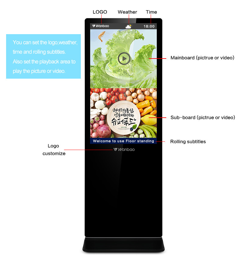 Interactive Touch LED Floor Standing LCD Advertising Player 65 '' Big Screen