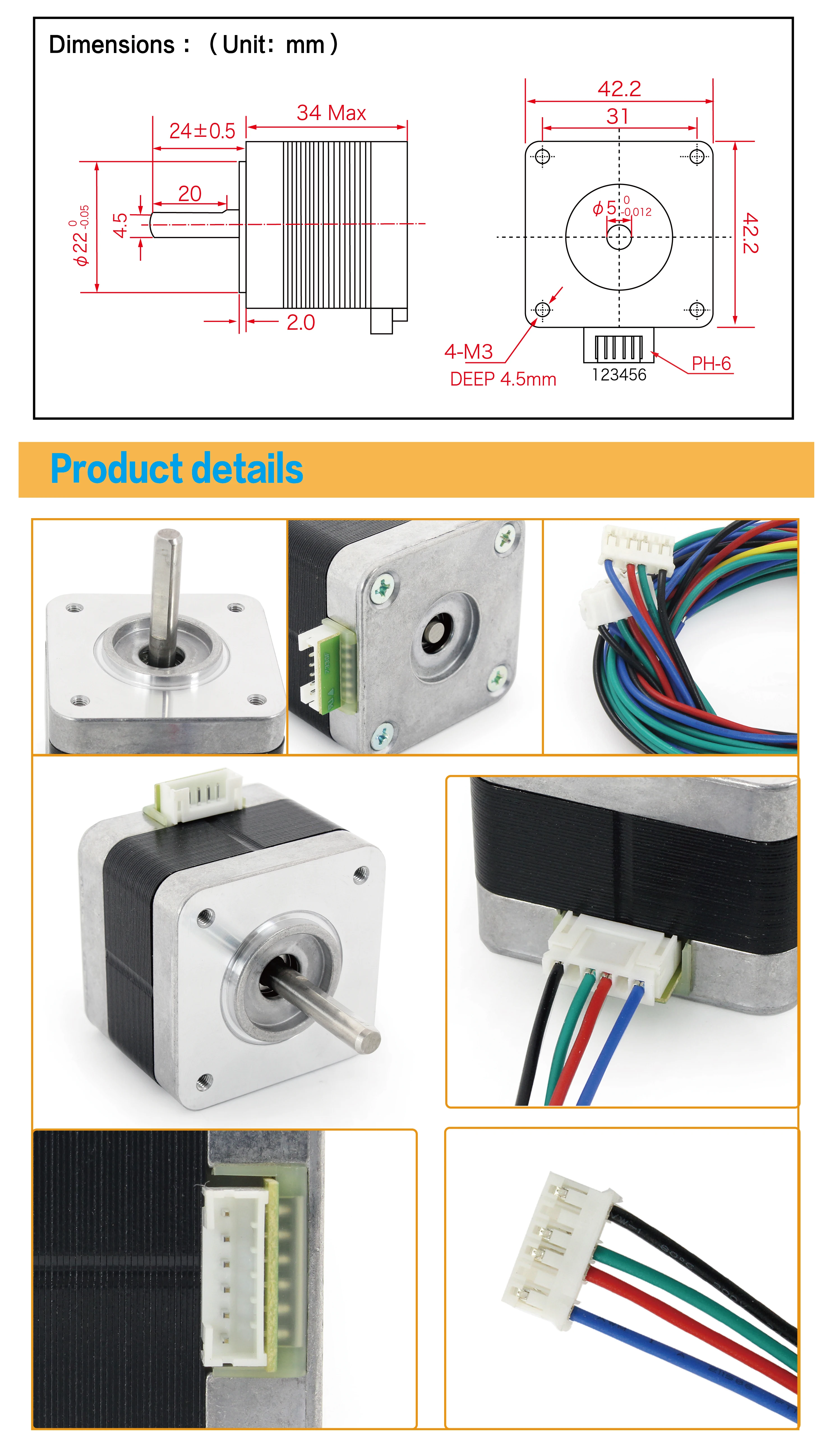 Nema17 Stepper Motor 34mm + 1M Cable 2 Phase 0.95A 2.4kg.Cm For CNC 3D Printer