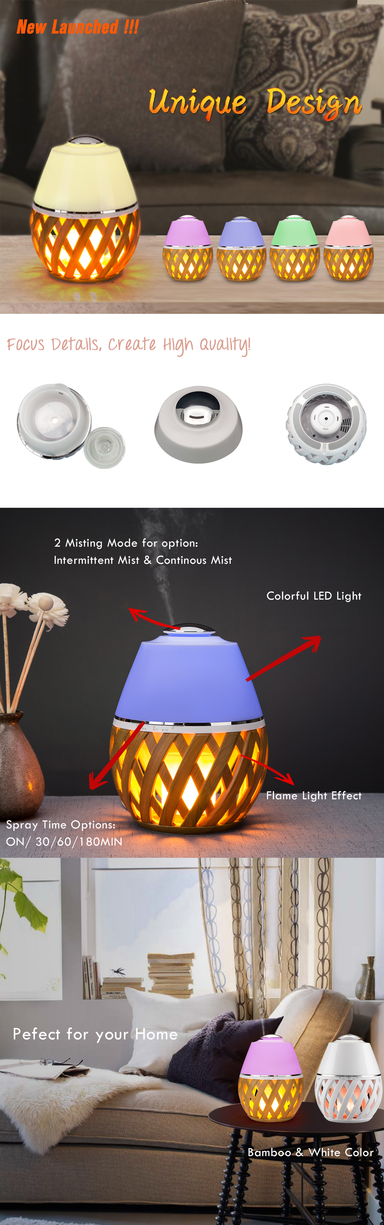 Bamboo Portable Cool Mist LED Flame Lamp Bluetooth Speaker