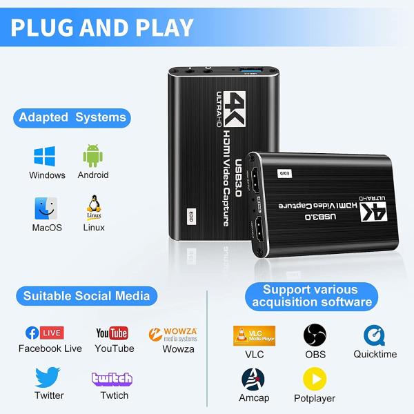 1080P 60fps HDMI Video Capture Device Portable USB C HDMI Capture Card 4Kp60 ROHS