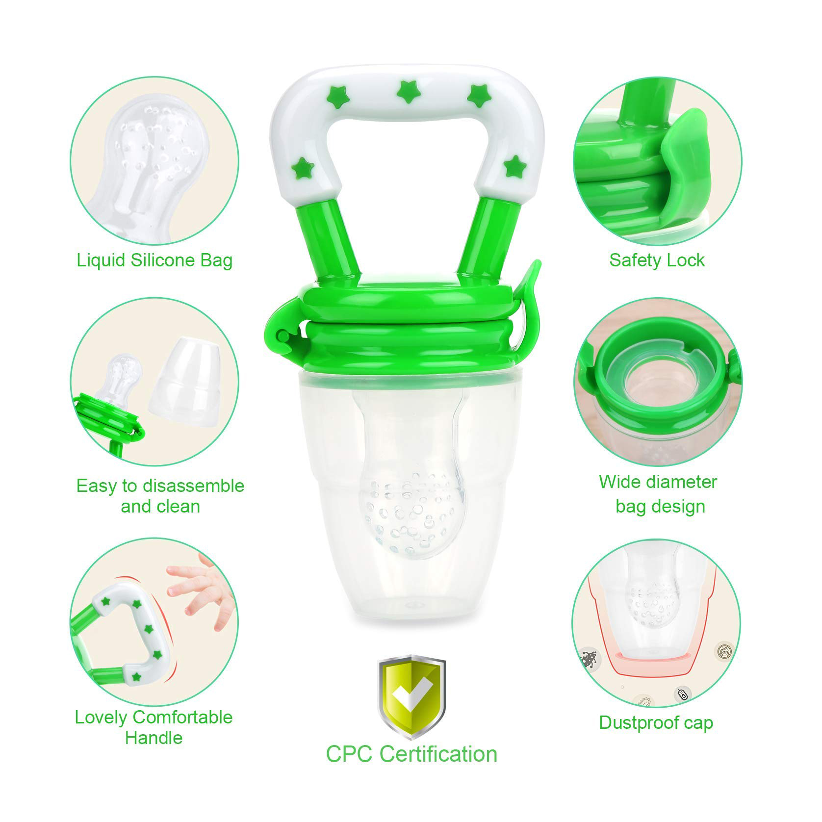 Baby Fresh Food Feeder 3 Pcs Fruit Silicone Nipple Teething Toy Reusable Aching Gums Pacifier Green