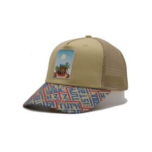 China Printed Patch 5 Panel Trucker Cap Light Yellow Polyester And Mesh on sale
