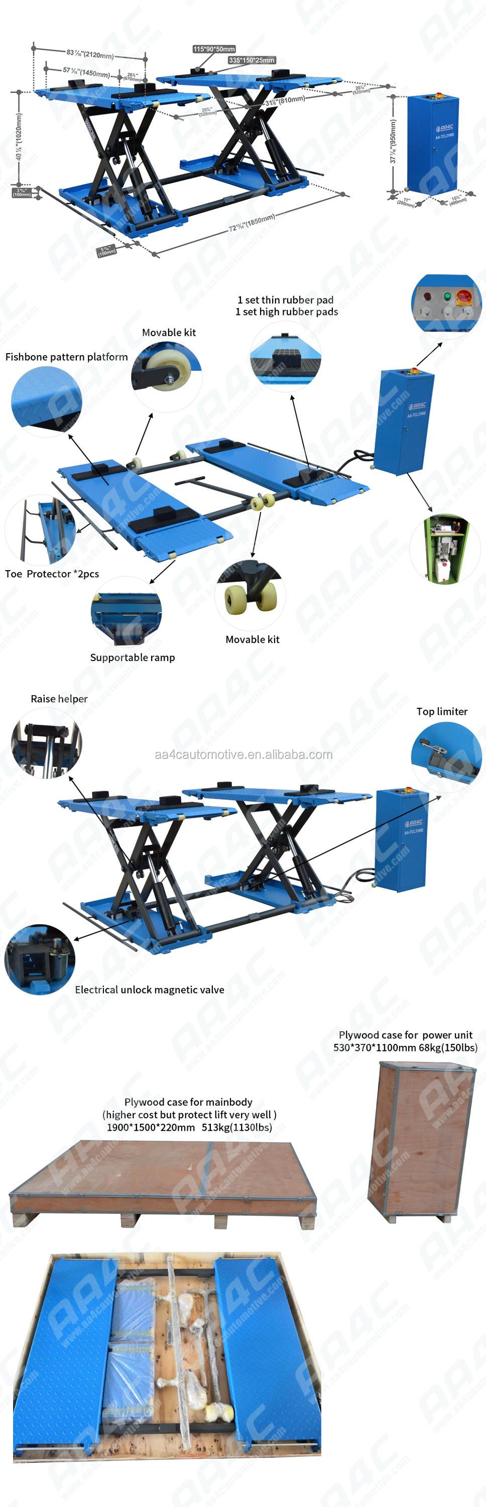 AA4C mid rise scissor lift auto lift vehicle ramp car lift 1M high 3T capacity automatic unlock AA-TCL3100EB