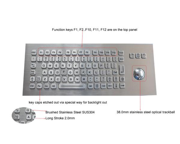 Panel Mounted Metal Rugged Keyboard With Backlit USB Optical Trackball