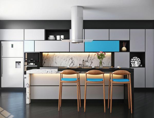 Quality 3M Modern Corner Stone Grey Kitchen Cabinets With Island Sintered Stone for sale
