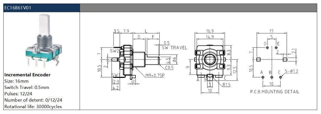 16mm Incremental Rotary Encoder for Audio Equipment Household Appliance