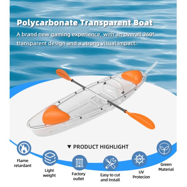 OEM Clear PC Canoe Polycarbonate Transparent Boat PC Sheets Portable Clear Kayak for Scenic Lakes