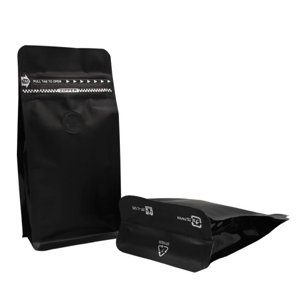 VMPET Resealable Matte Black Coffee Pouch Packaging With Valve Flat Bottom