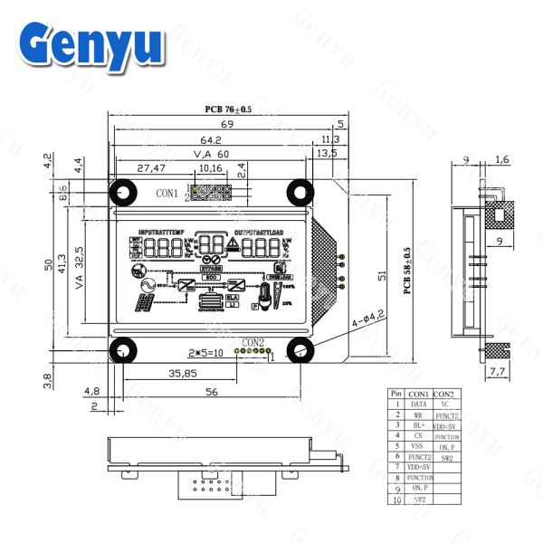 5.0V Operating Voltage Custom Segment Display for Solar Inverter HTN LCD Blue Screen Module -10- 60C