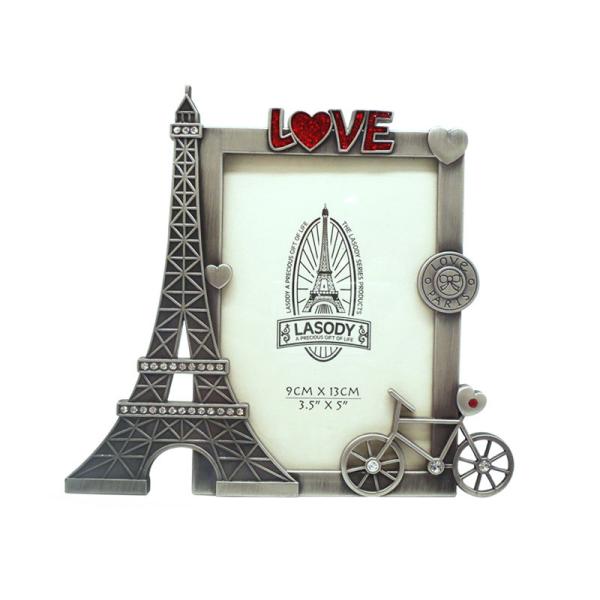 Quality 3.5*5inch Paris Eiffel Tower Souvenir Metal Rectangle Picture Frame With Rhinestone Love for sale