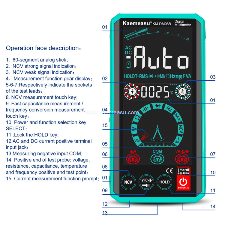 Kaemeasu 08B Color Display Multimeter Tester Electrician Voltmeter NCV Ture RMS Voltage Tester 150g