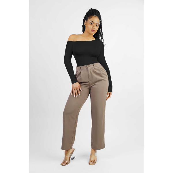 Women's Knitting Fabric Long Sleeve Bodysuit with Tummy Control and Diagonal Neck