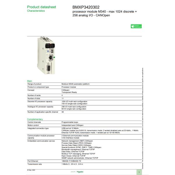 Schneider Electric Modicon M340 series BMXP3420302 PLC CPL 24V DC current