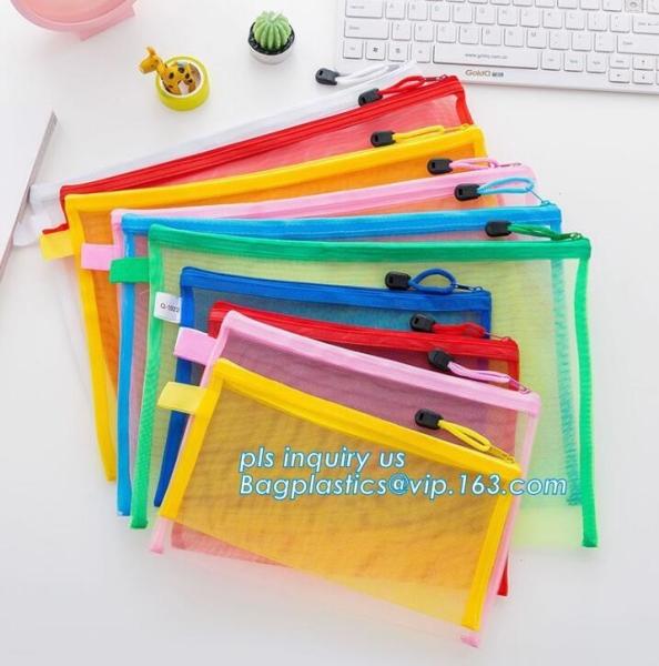 Quality Office Stationery Mesh Bags With Slider Zipper, expanding file/folder/File cover/documents pouch carry bag for sale