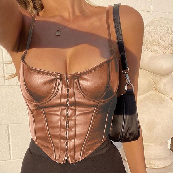 Quality PU Low Cut Short Cropped Cami Tank Top Front Buckle Design for sale