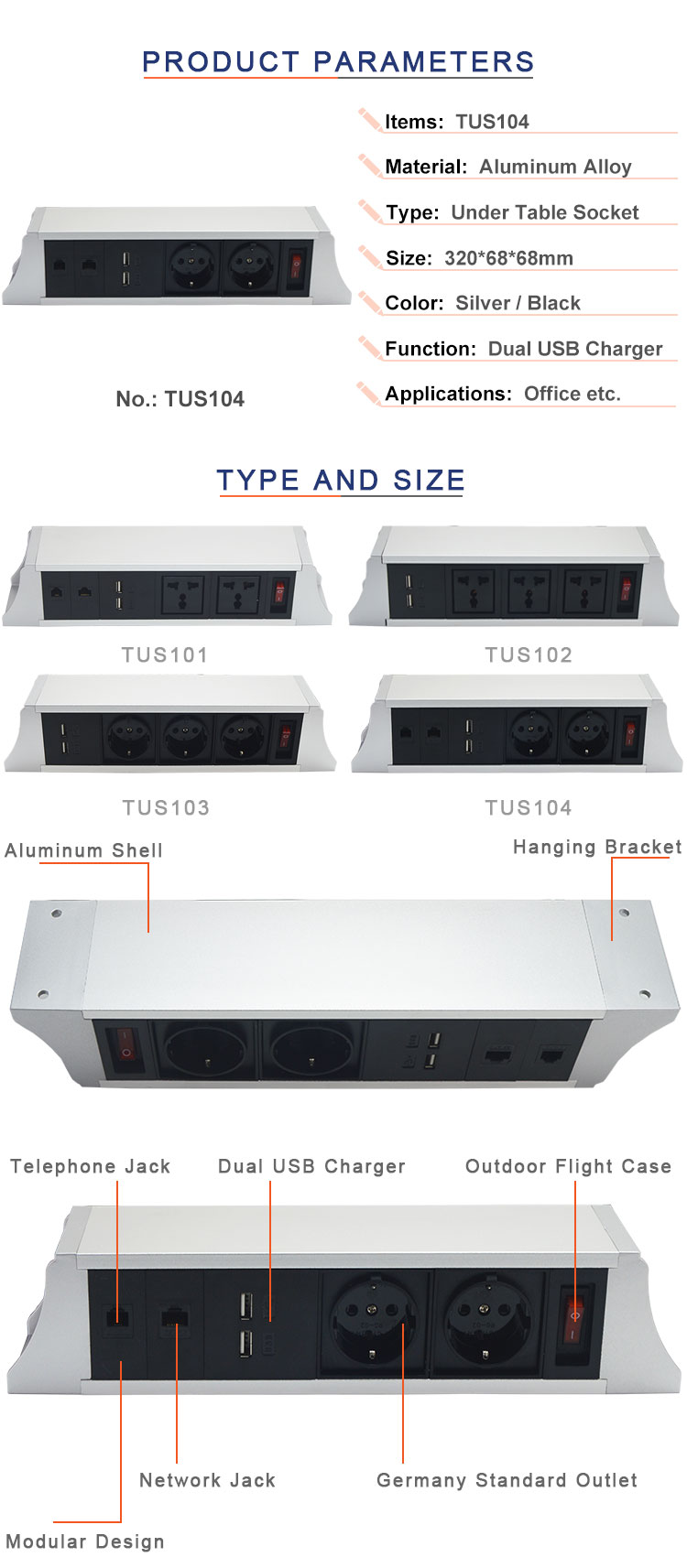 Office Aluminum Under Table Interconnect Electrical Socket / Electric Under Desk Mounted Socket