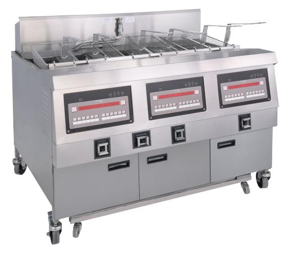 Quality Digital Computer Panel Three Pots Six Baskets Open Deep Fryer With Filtration for sale