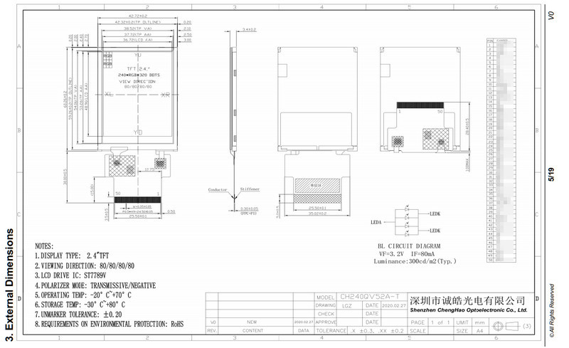 ISO9001 300cd/M2 Tft Lcd Panel Screen Thin Film SPI MCU ST7789V