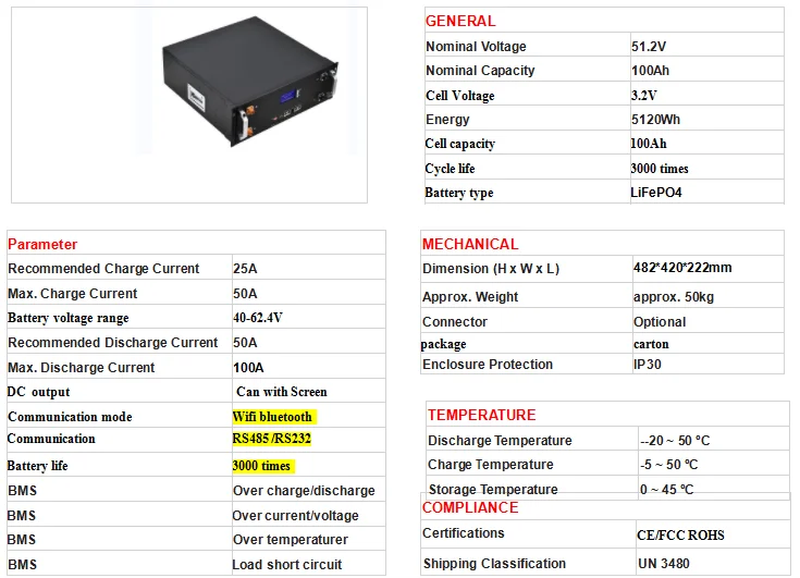A Grade LiFePO4 48v Lithium Iron Phosphate Battery 100Ah For UPS
