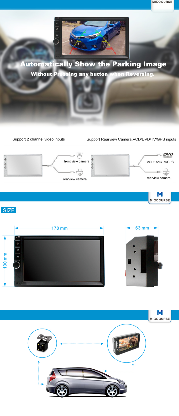 7 Inch Car 2 DIN Bluetooth Audio In Dash Touch Screen Car monitor Car Audio Stereon MP3 MP5 Player USB Reverse Cam Suppo
