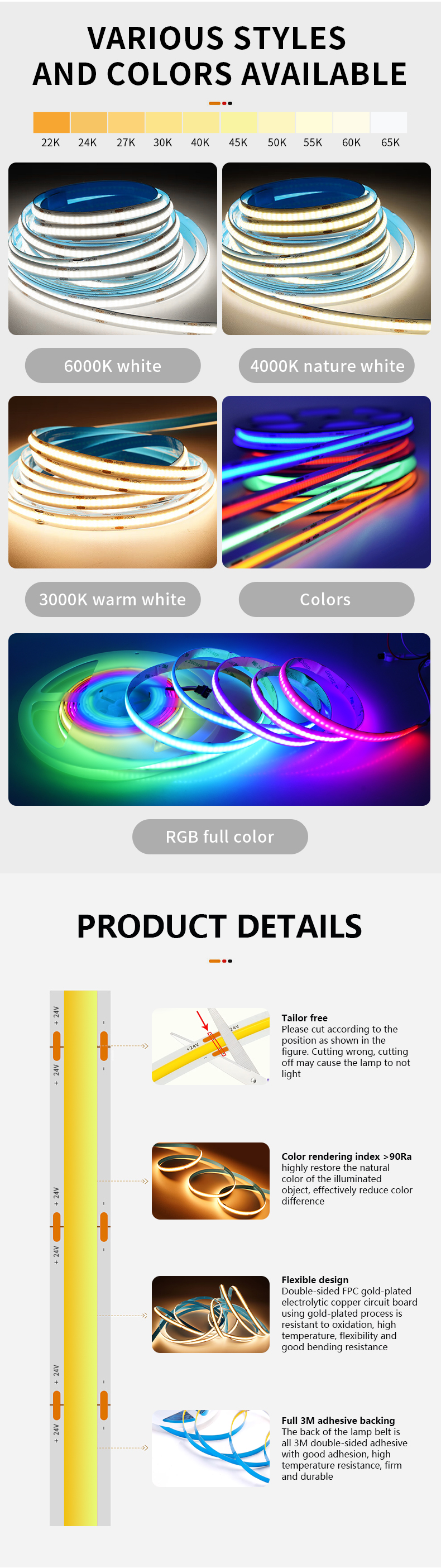 Cuttable COB LED Strip Light Kit 24v with 50000 Hours Lifespan and Multi Colors White