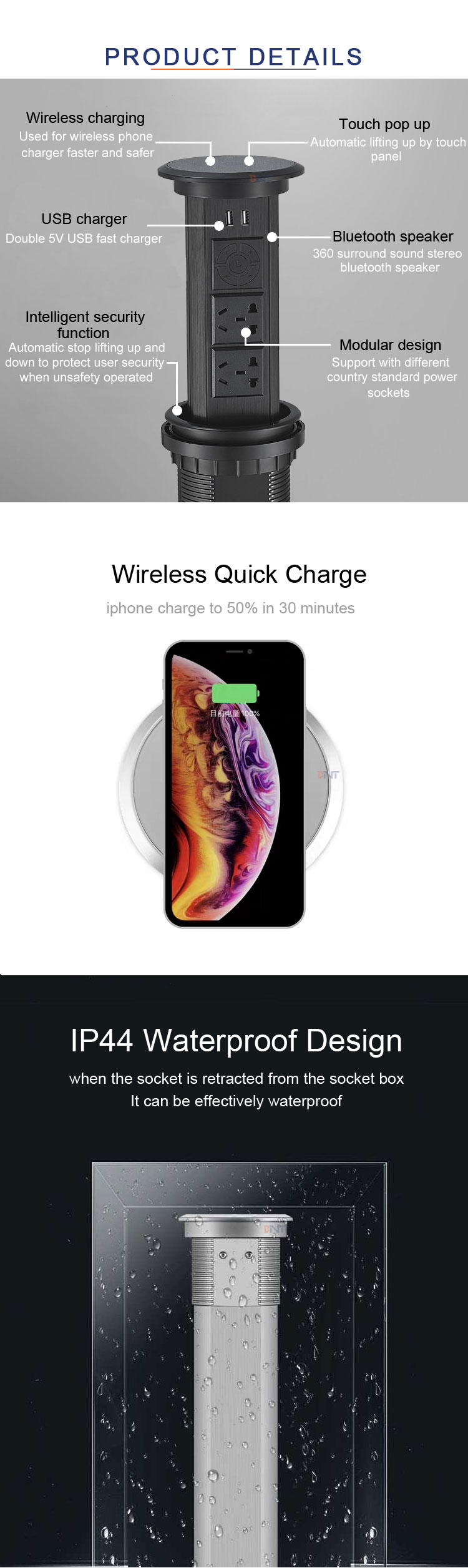 2020 New Design conference desktop motorized pop up socket with USB wireless charger