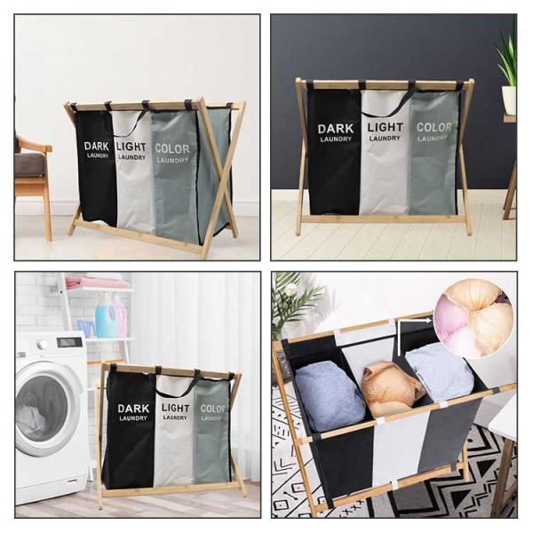Breathable Moistureproof 3 Bin Laundry Hamper Bamboo Frame Washable Lightweight