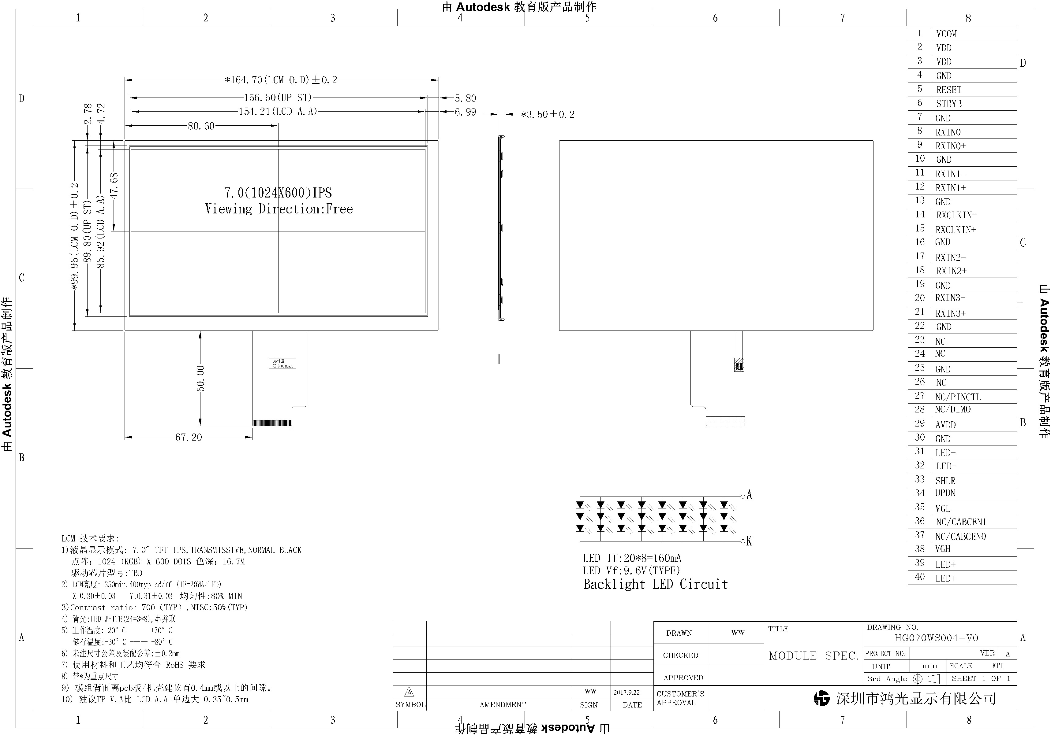 7 inch is LVDS interface 40PIN, TFT, full view, resolution 1024*600 LCD TFT display