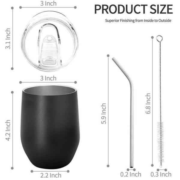 Wine Tumbler SS Insulated 12 Oz Stemless Wine Glass With Slide Lid And Metal Straw Travel Cup Keep Cold For Coffee Cocktails