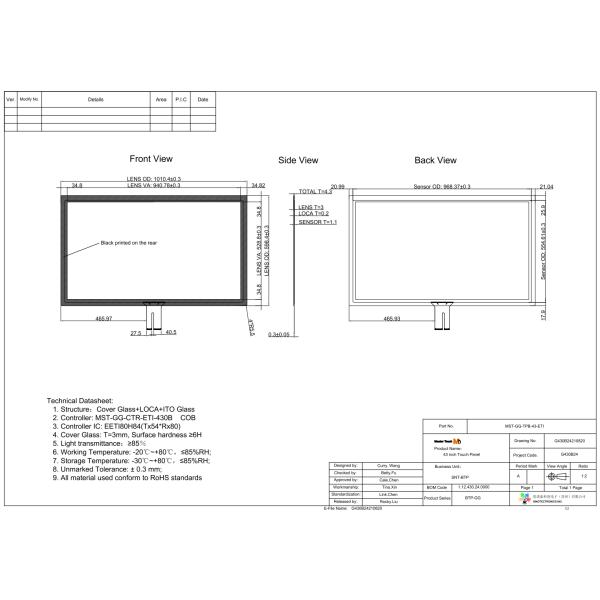ODM 43 Inch USB Anti Reflective ITO GG Touch Panel With Thick Tempered Glass
