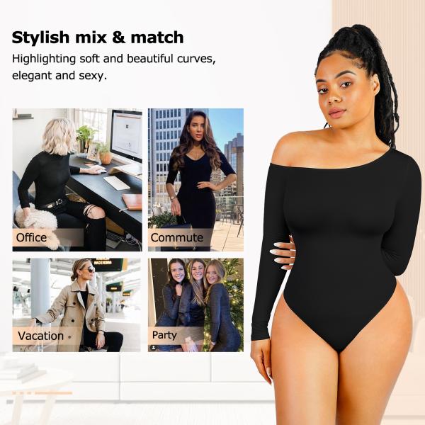 Women's Knitting Fabric Long Sleeve Bodysuit with Tummy Control and Diagonal Neck