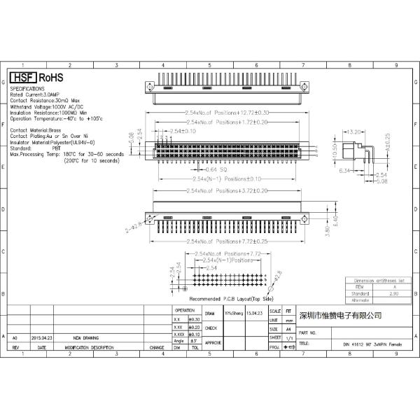DIN 41612 Male Straight Pin Header 3x32 Pin Three Row Right Angle 3A Current