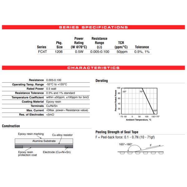 FC4TR100DER SMD Chip Resistor 0.100 Ohm Resistance 0.5W Power Rating Low Value