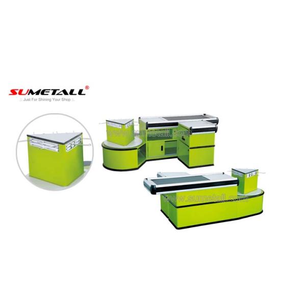 Green Color Supermarket Checkout Counter Cash Desk With Stainless Steel Table Surface